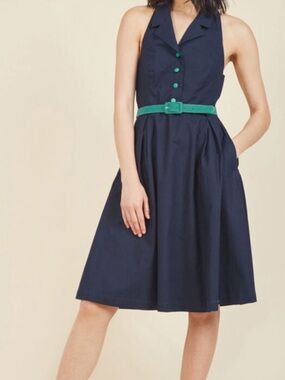 ModCloth Navy Blue Turquoise Cotton Halter Fit & Flare Vintage Midi Dress